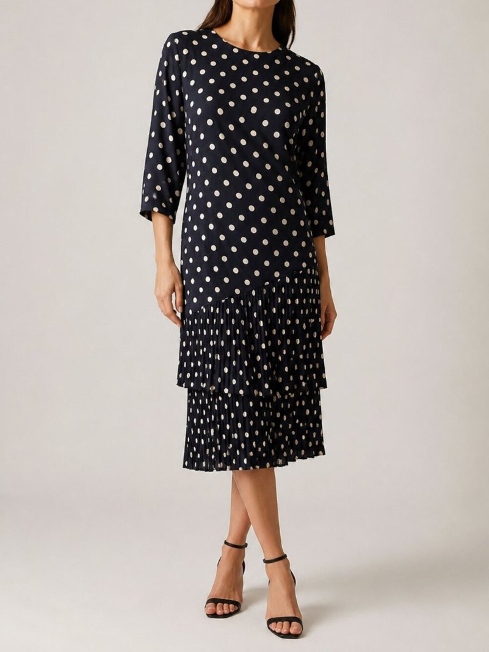 Vintage Silk Studio 100% Silk Polka Dot Pleated Tier Midi Dress